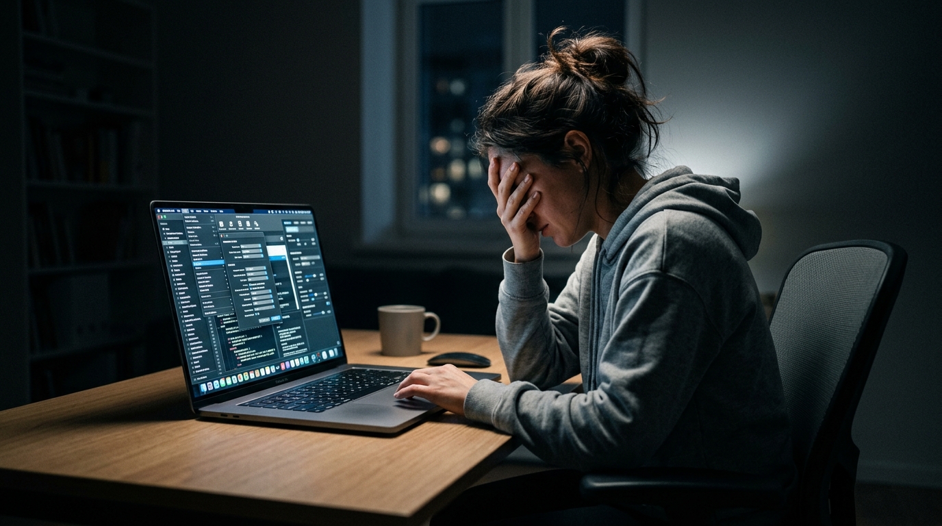 Frustrated student struggling with complicated software configuration menus