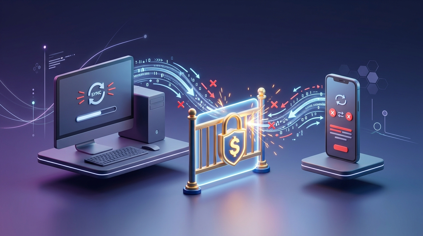 Data synchronization friction between PC and smartphone with cost paywall barrier