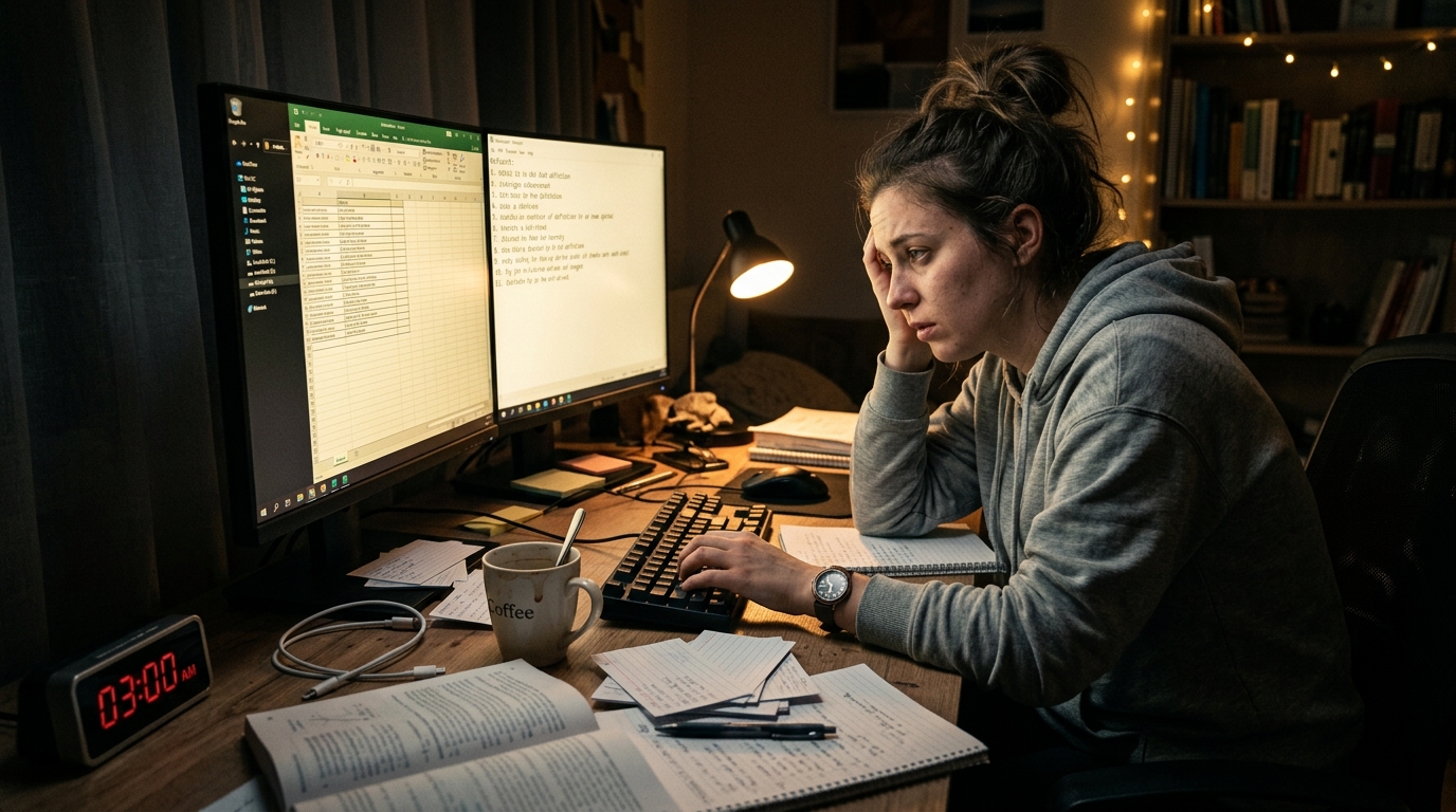 Exhausted learner manually typing flashcards late into the night