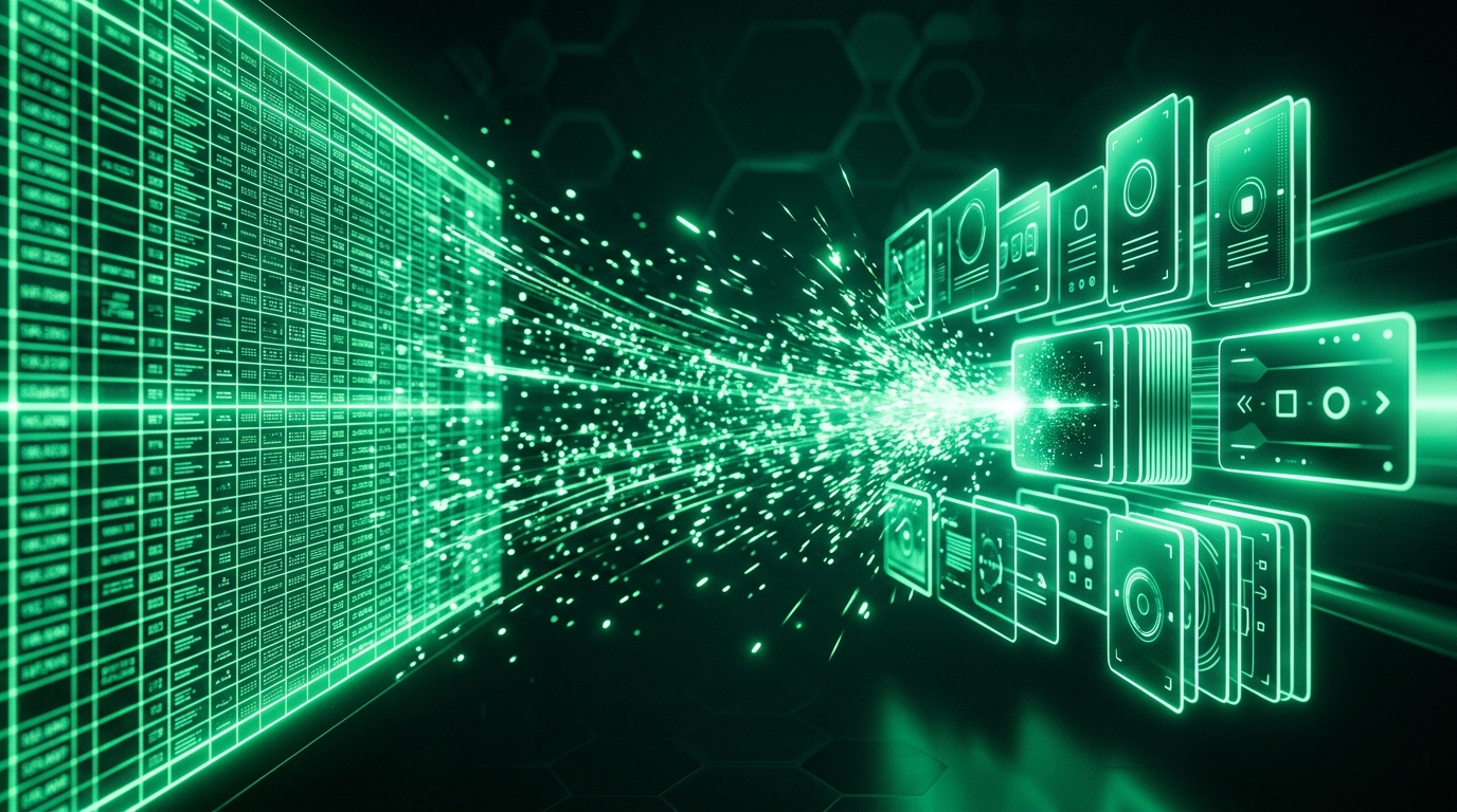 Glowing spreadsheet grid converting data rows into digital flashcards instantly