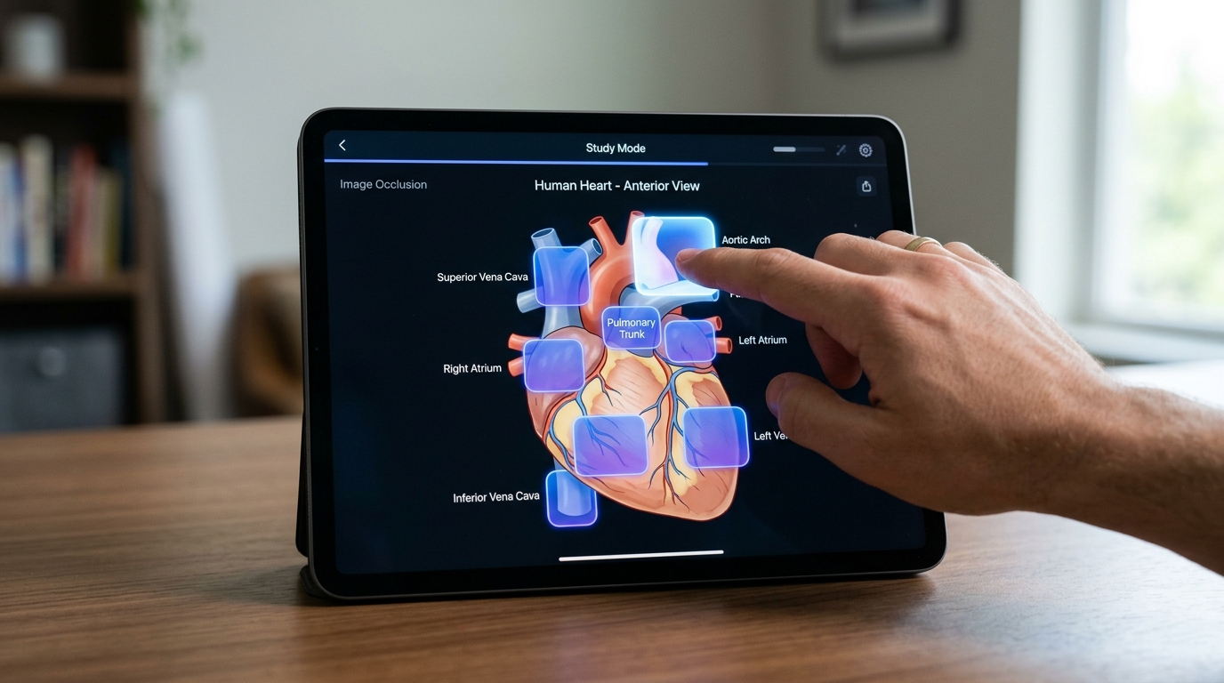 Tablet interface masking anatomical diagram labels with interactive touch occlusion boxes