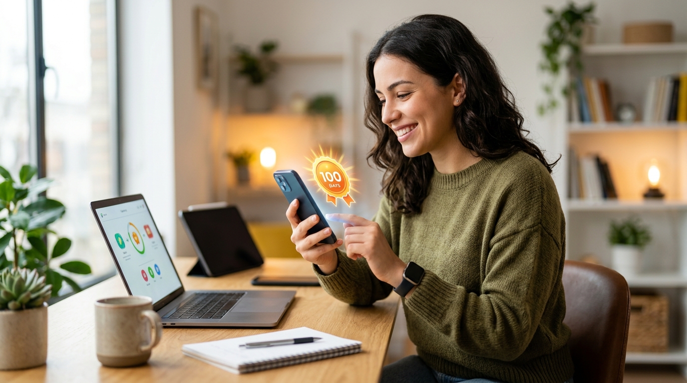 Happy student reviewing cards smoothly on mobile device with 100-day study streak badge