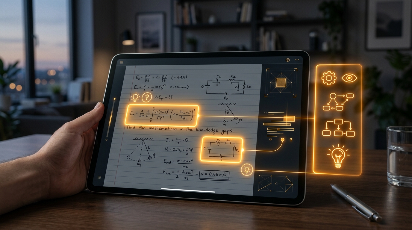 タブレットの手書きメモをAIがスキャンし欠落していた知識を琥珀色の光でハイライトするUI
