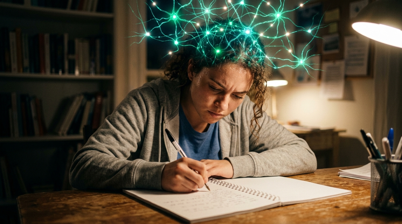 白紙のノートに教科書を見ずに猛烈なスピードで思い出しながら書き殴る学習者