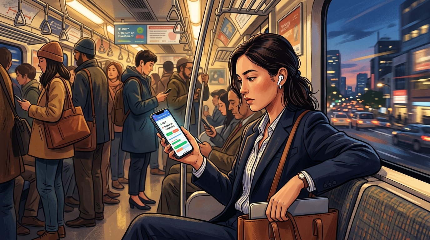 通勤電車や徒歩移動中にイヤホンを装着しスマホ片手に資格試験の音声クイズを解く社会人