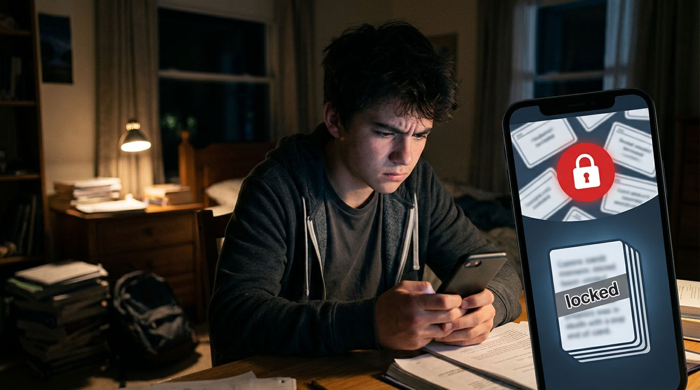 Fig 1: Quizlet provides intuitive group games, but full-screen ads and paywalled spaced repetition hinder high-stakes exam prep