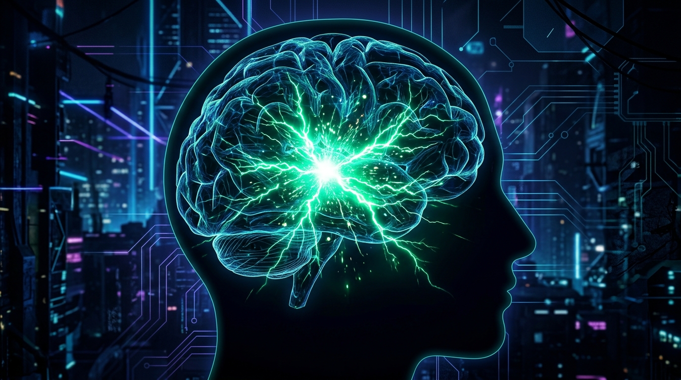 Brain silhouette firing an instant electrical spark during high-intensity active recall practice