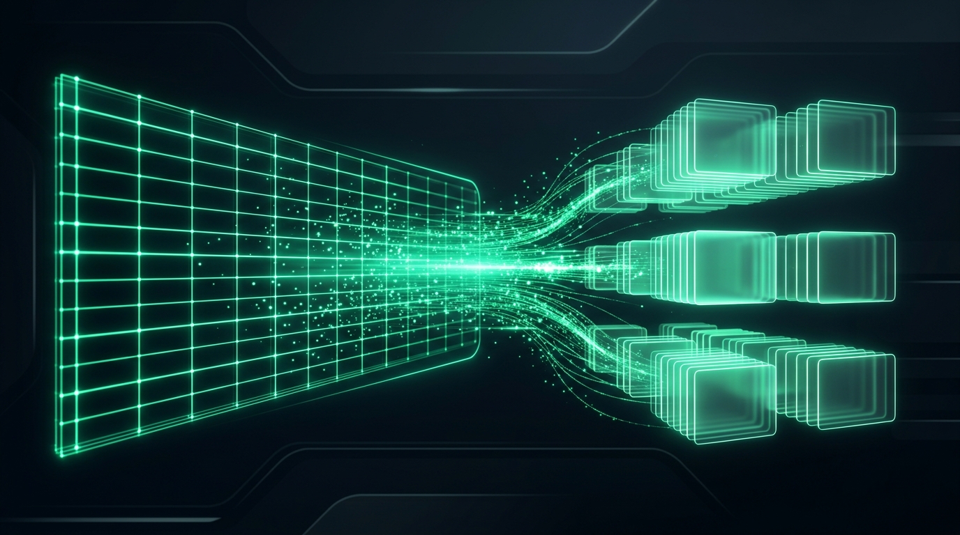 Visualization of spreadsheet data converting into glowing digital flashcards in 1 second