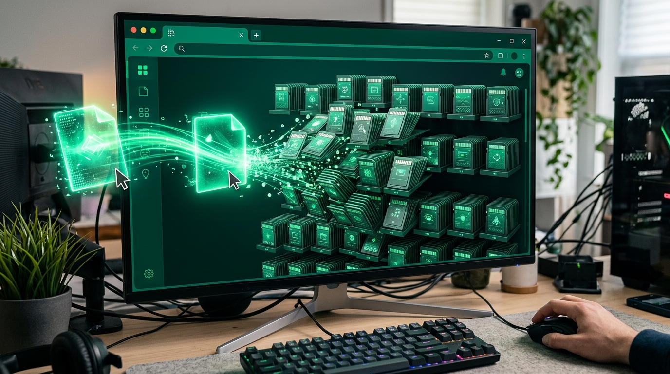 CSVファイルをブラウザにドラッグ＆ドロップして瞬時に無数の3D単語カードが生成される様子