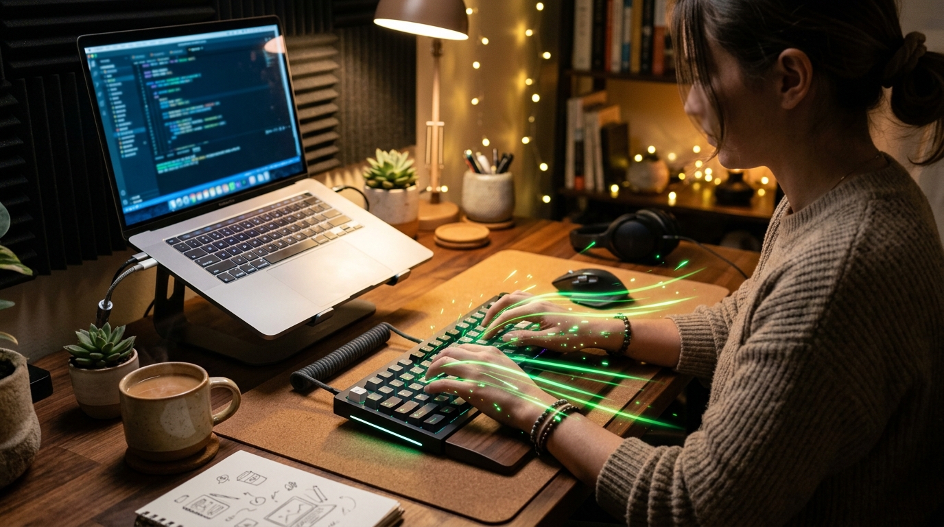 パソコンのメカニカルキーボードで高速タイピングを行い軽快に単語データを入力する様子