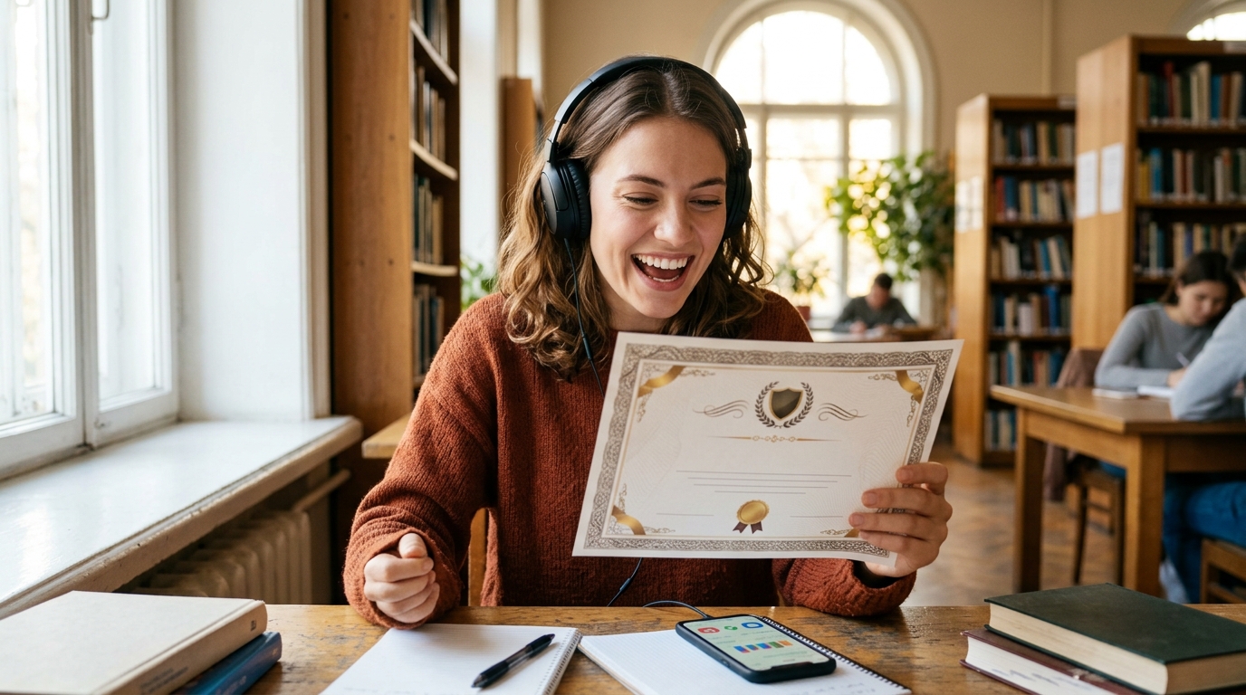 A triumphant smiling student with headphones listening to flashcard audio while holding a high-score certificate