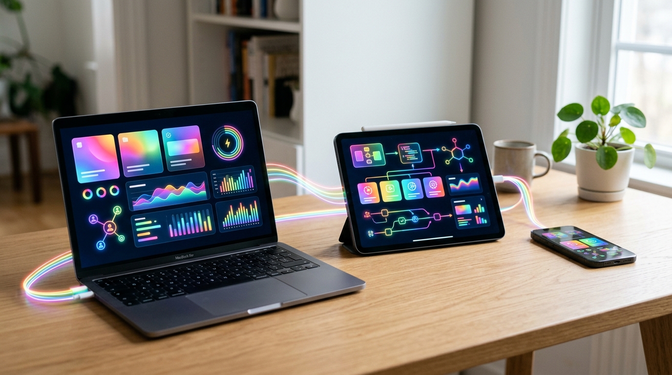 A laptop, tablet, and smartphone connected with luminous light streams showing multi-device synchronization