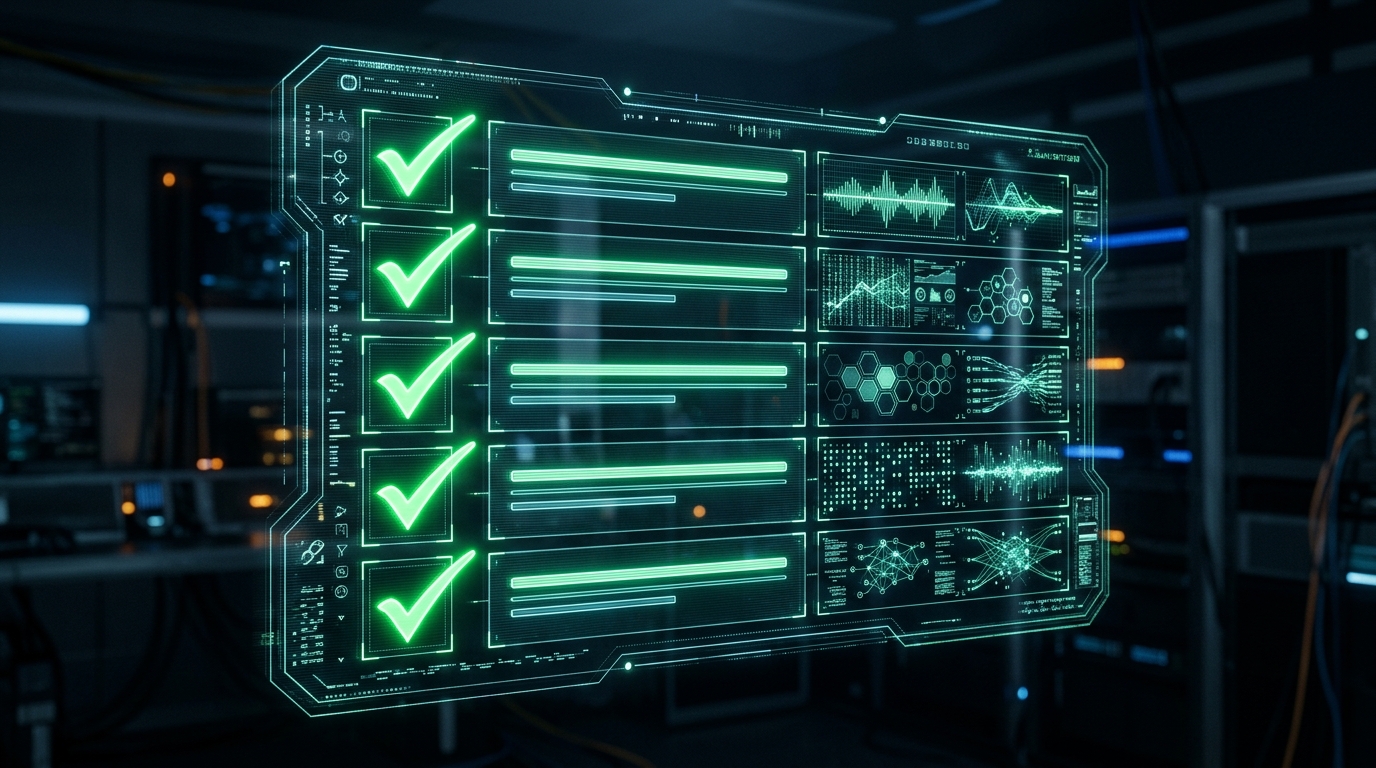 A futuristic holographic checklist interface with glowing green checkmarks for data validation