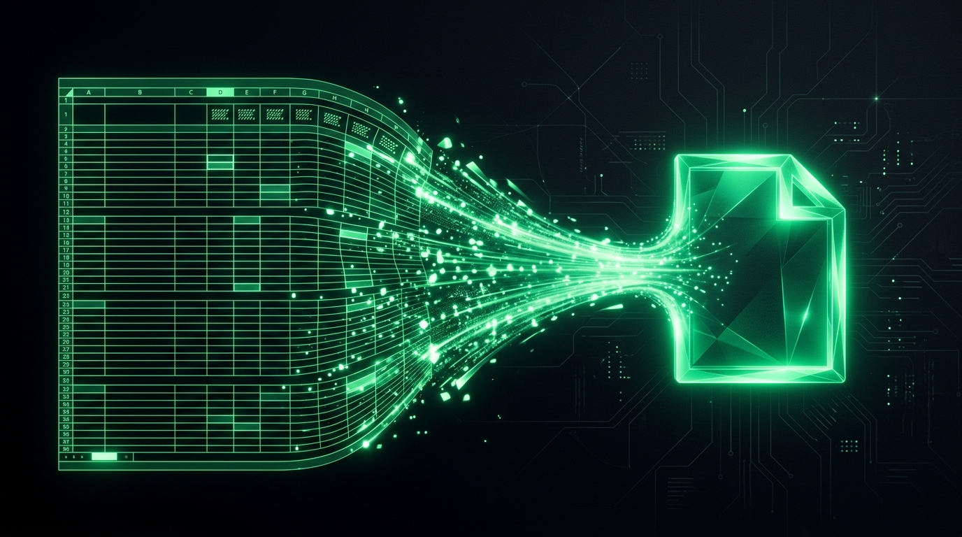 A green spreadsheet collapsing smoothly into a glowing emerald data file icon