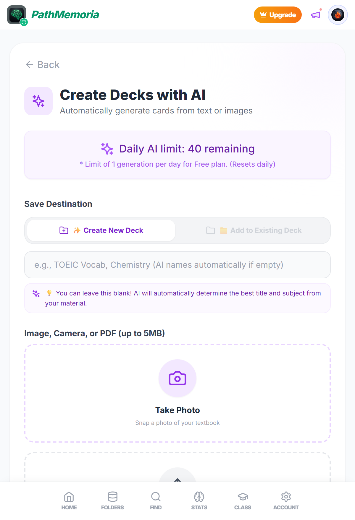 Fig 6: 'Create Decks with AI' panel. Snap textbook photos, configure generation limits (10/30/50/Auto), and choose AI styling options to generate active recall decks instantly