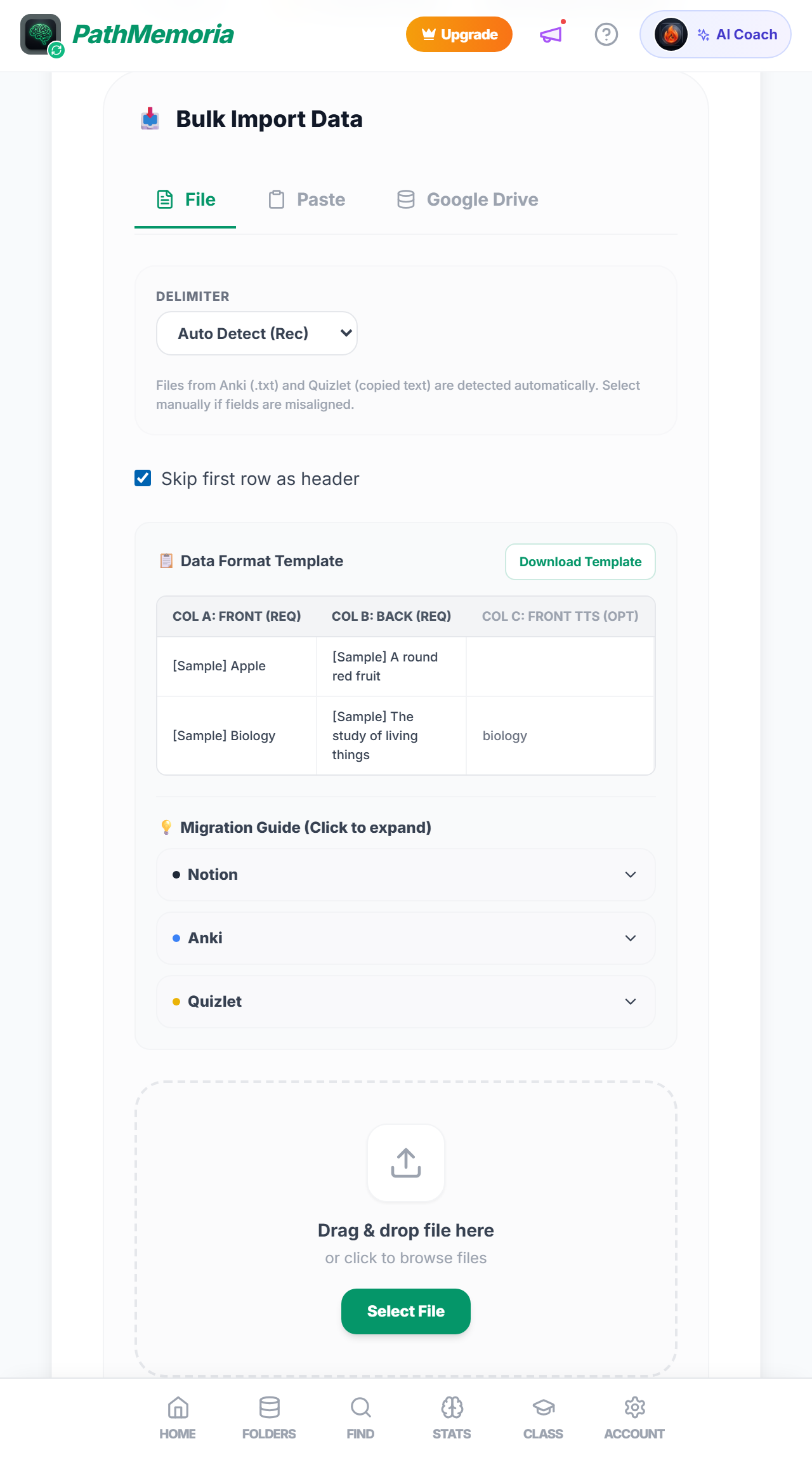 Fig 6: Clicking 'Bulk Import Data' in your deck opens the upload panel. Drag and drop your CSV or click 'Select File' for instant 1-second deck creation