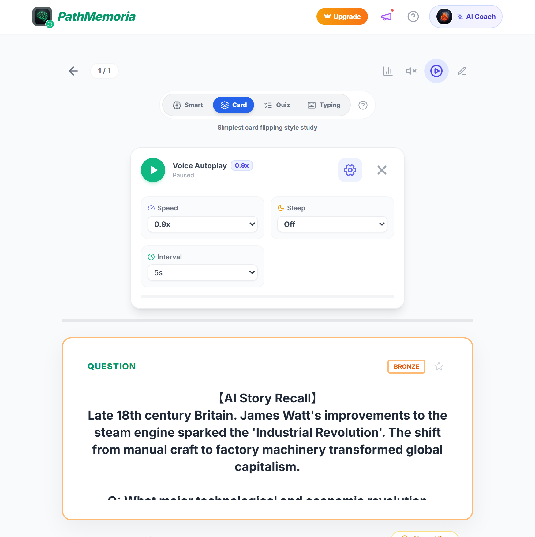 Fig 8: Voice Autoplay configuration panel. Adjust reading speed (0.9x-1.5x), card flip interval, and sleep timer to review hands-free without looking at your screen