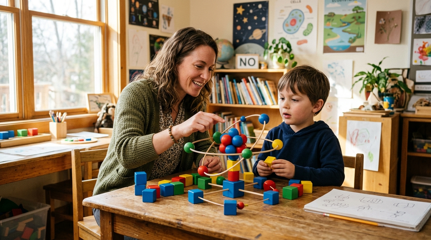 カラフルな積み木を使って子供に優しく科学の原理を教える教育メンター
