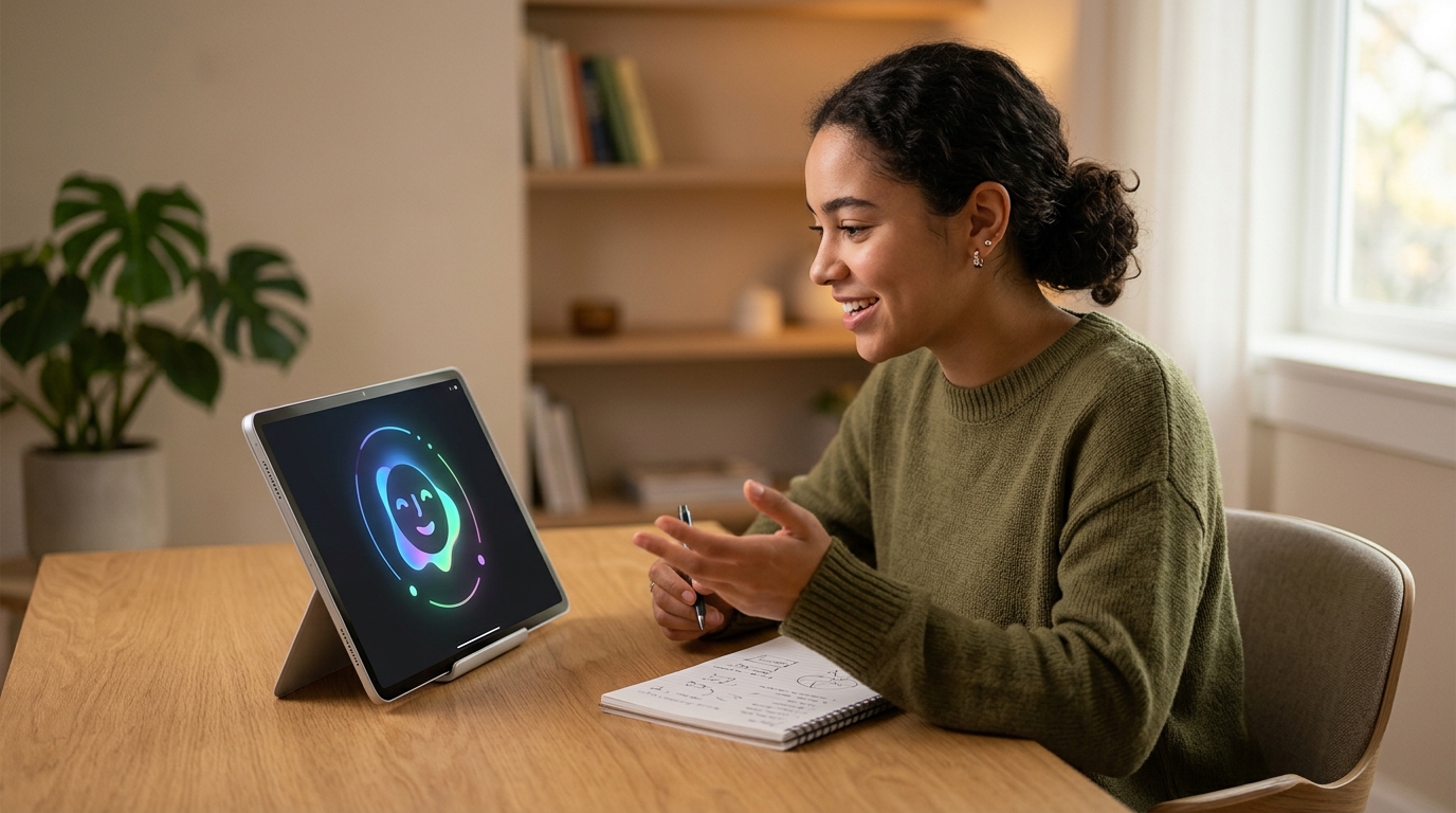 タブレット画面のフレンドリーなAIアバターに向かって笑顔で学習概念を説明する女性