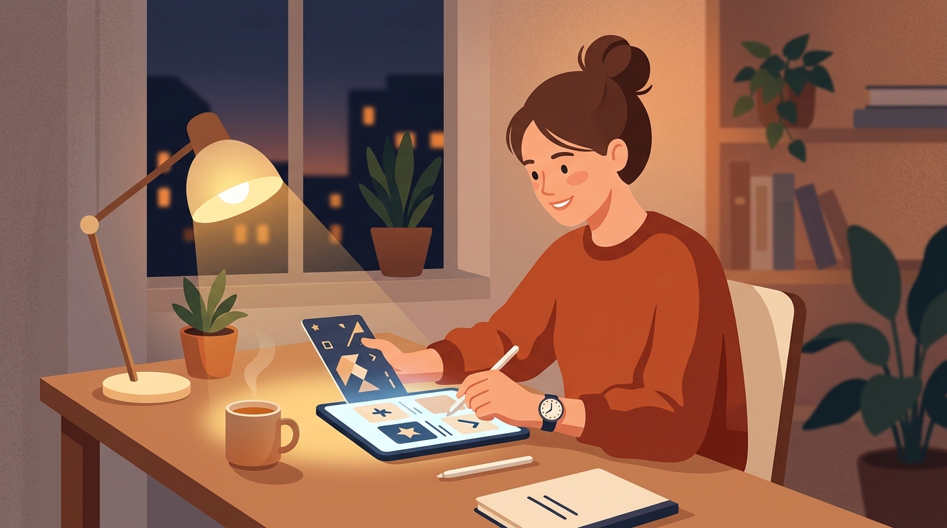勉強を終えたその日の夜に机でタブレット端末を使って10分間の即時復習を行う学習者のイラスト
