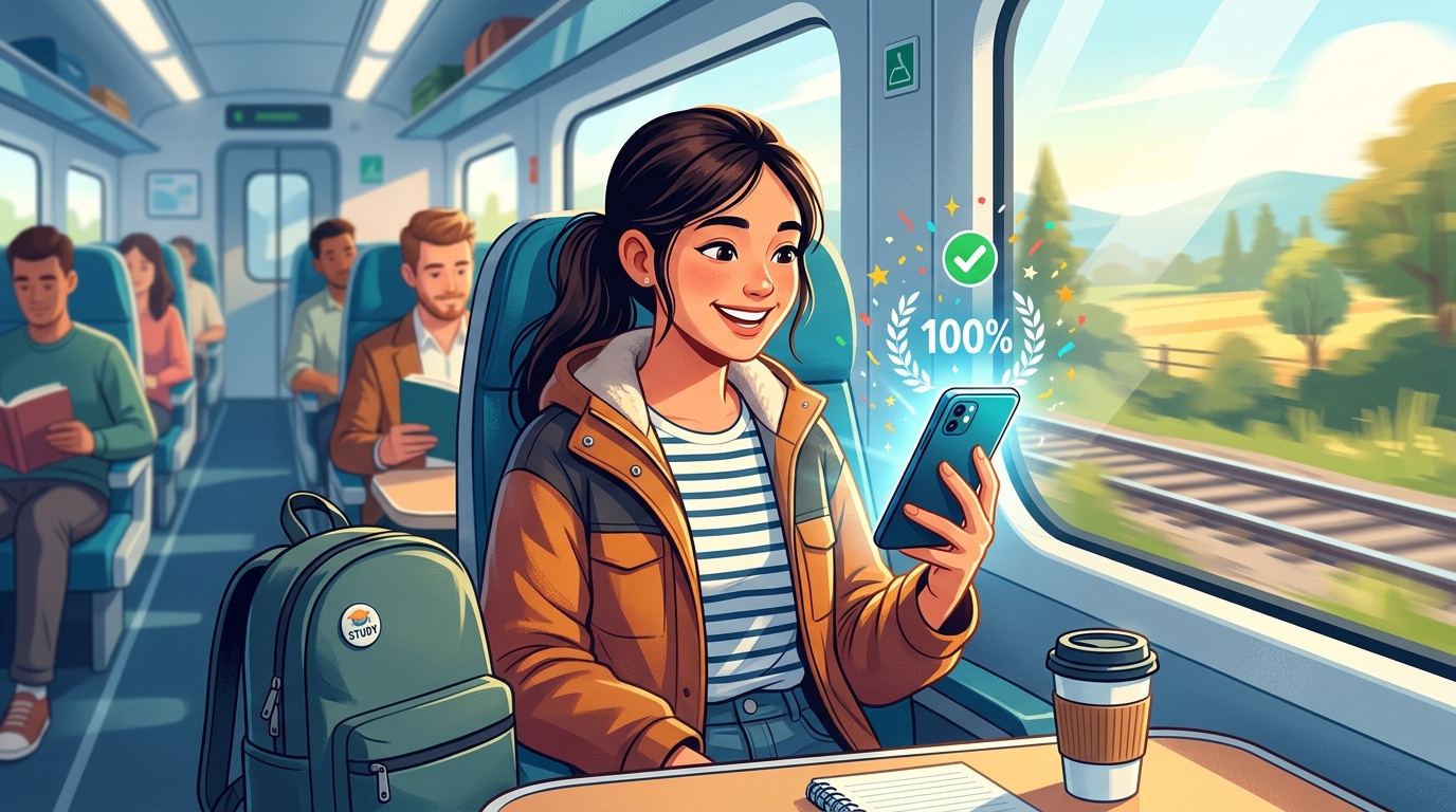 電車内や通学通勤のスキマ時間にスマホで忘却曲線AIクイズを解き笑顔で合格を掴む学習者のイラスト