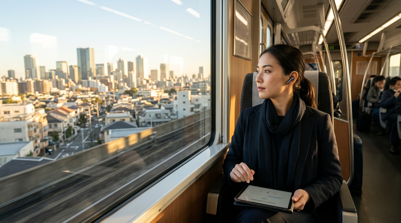 朝の満員電車の中でワイヤレスイヤホンを装着し、ポケットにスマホを入れたまま音声でFP2級の数字を想起する社会人の様子