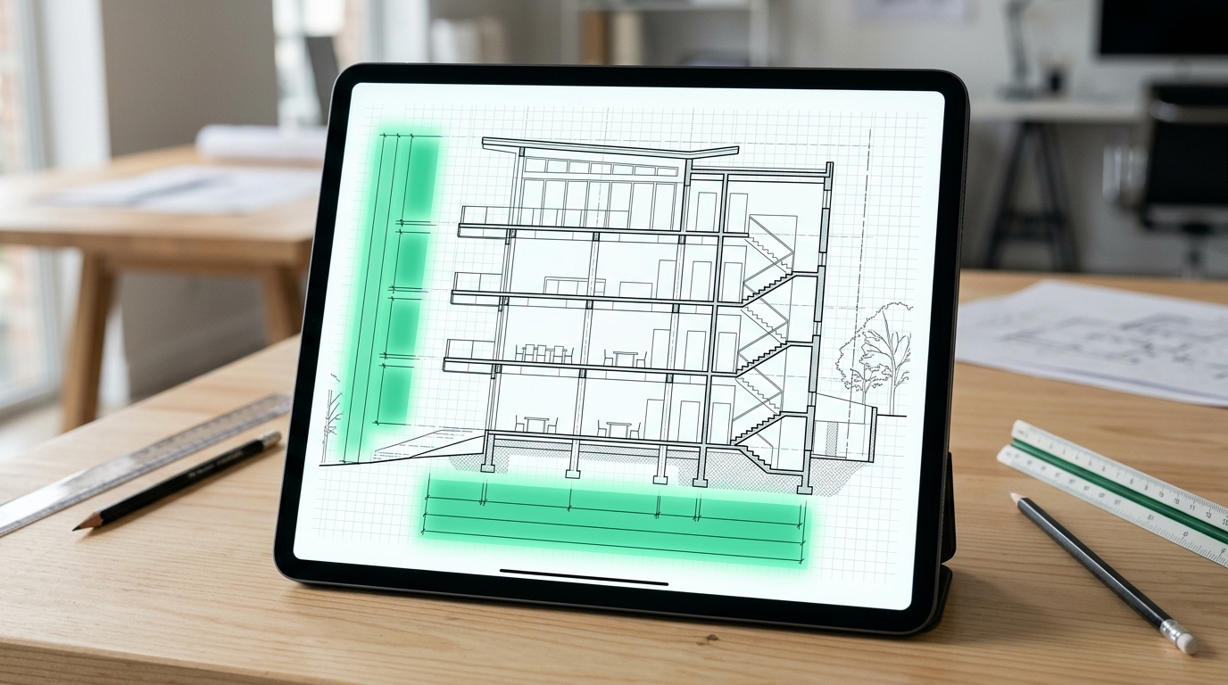 タブレット画面に建築基準法の建物断面図が表示され、重要な高さ制限や建蔽率の数値が緑の半透明マスクで隠されている画面
