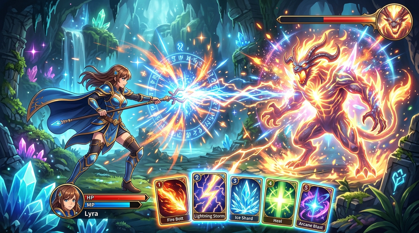 RPG flashcard application where answering vocabulary questions correctly deals damage to fantasy monsters