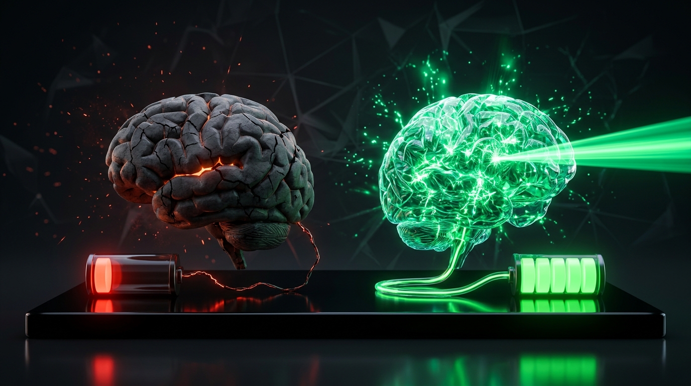 Prefrontal Energy Dynamics: An exhausted brain drained by daily micro-decisions (left) versus an automated If-Then circuit that initiates study with zero cognitive friction (right)