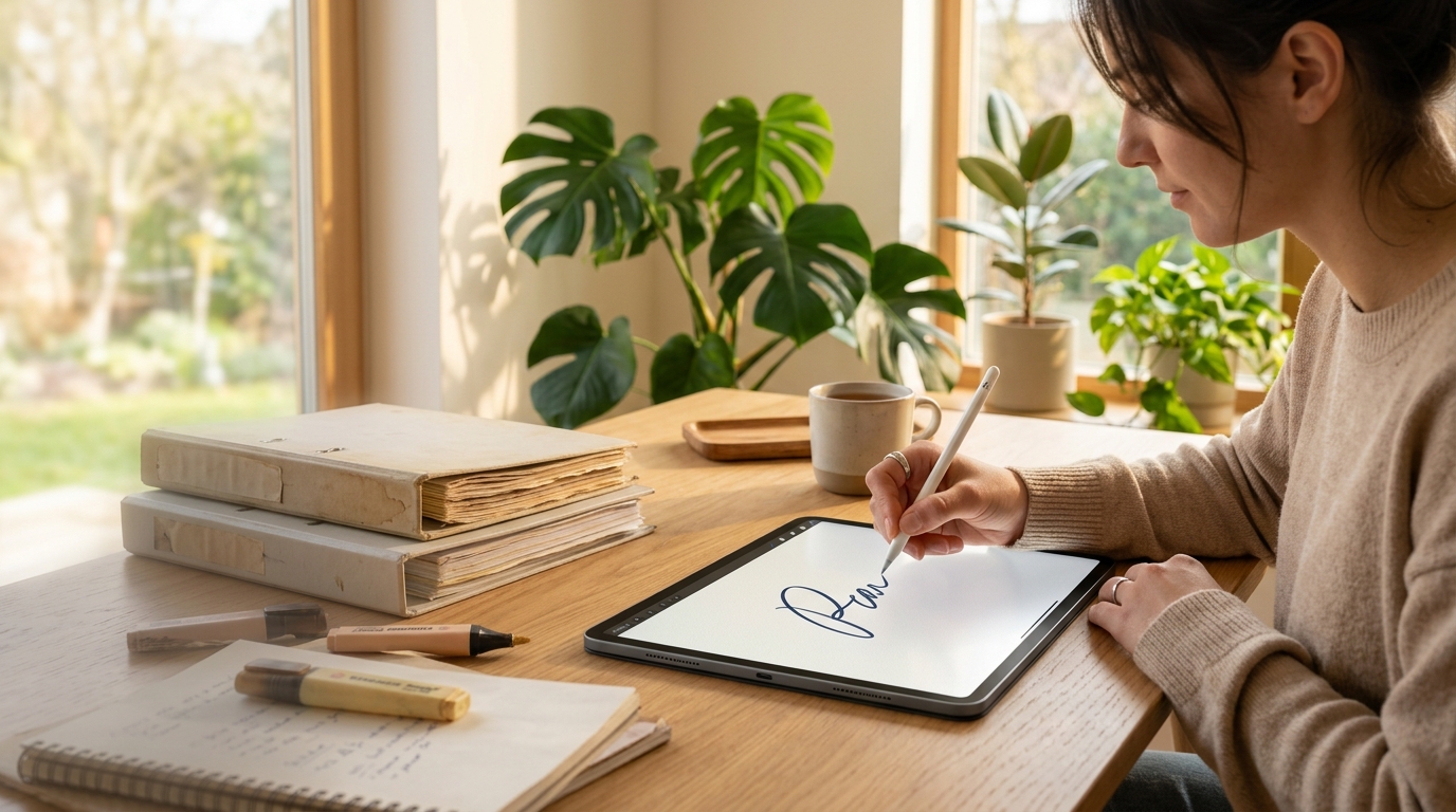 散らかった紙のノートから解放されタブレット画面にスタイラスペンでスマートに手書き暗記を行うデスクの様子
