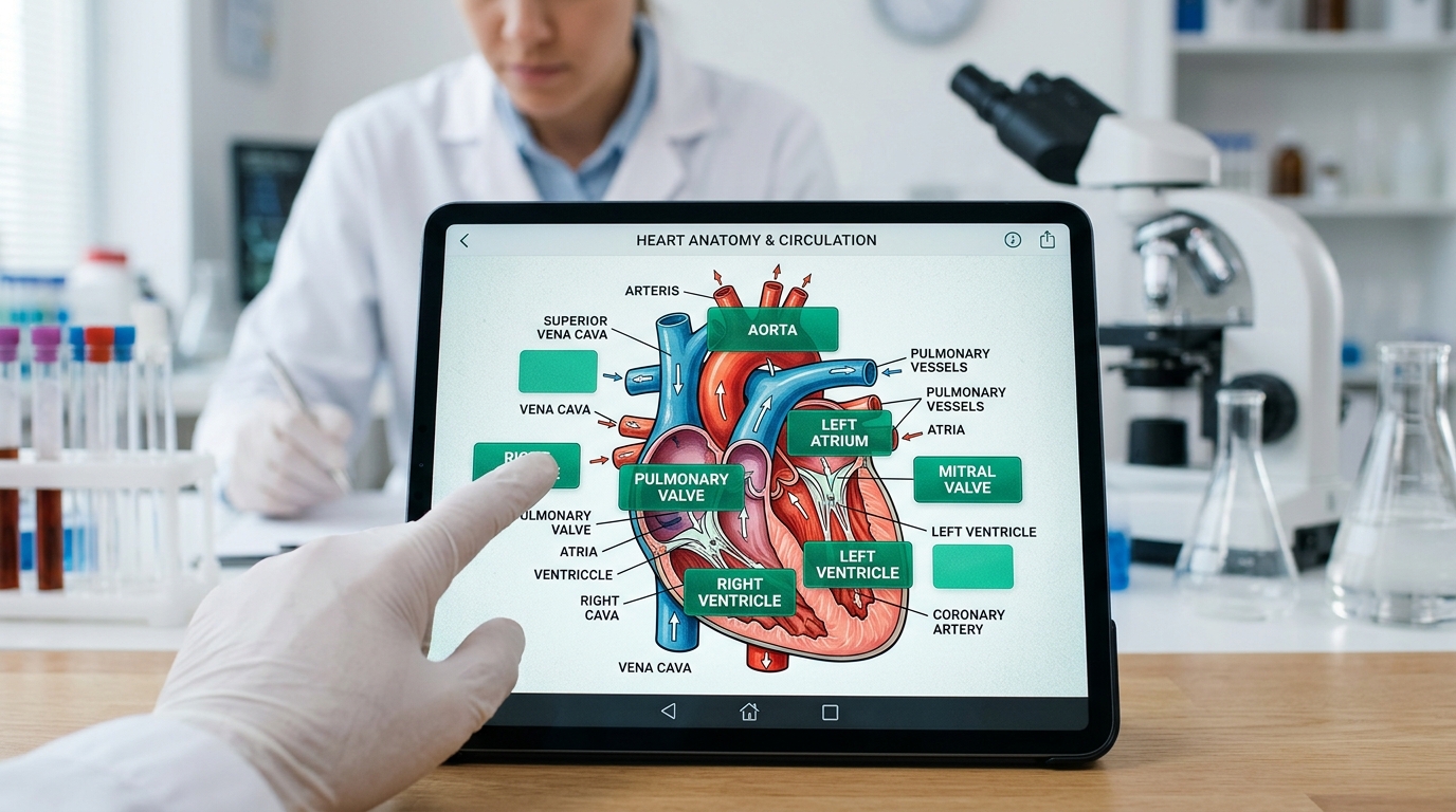 A detailed human heart diagram on a tablet screen with neat emerald digital masking boxes covering anatomical labels