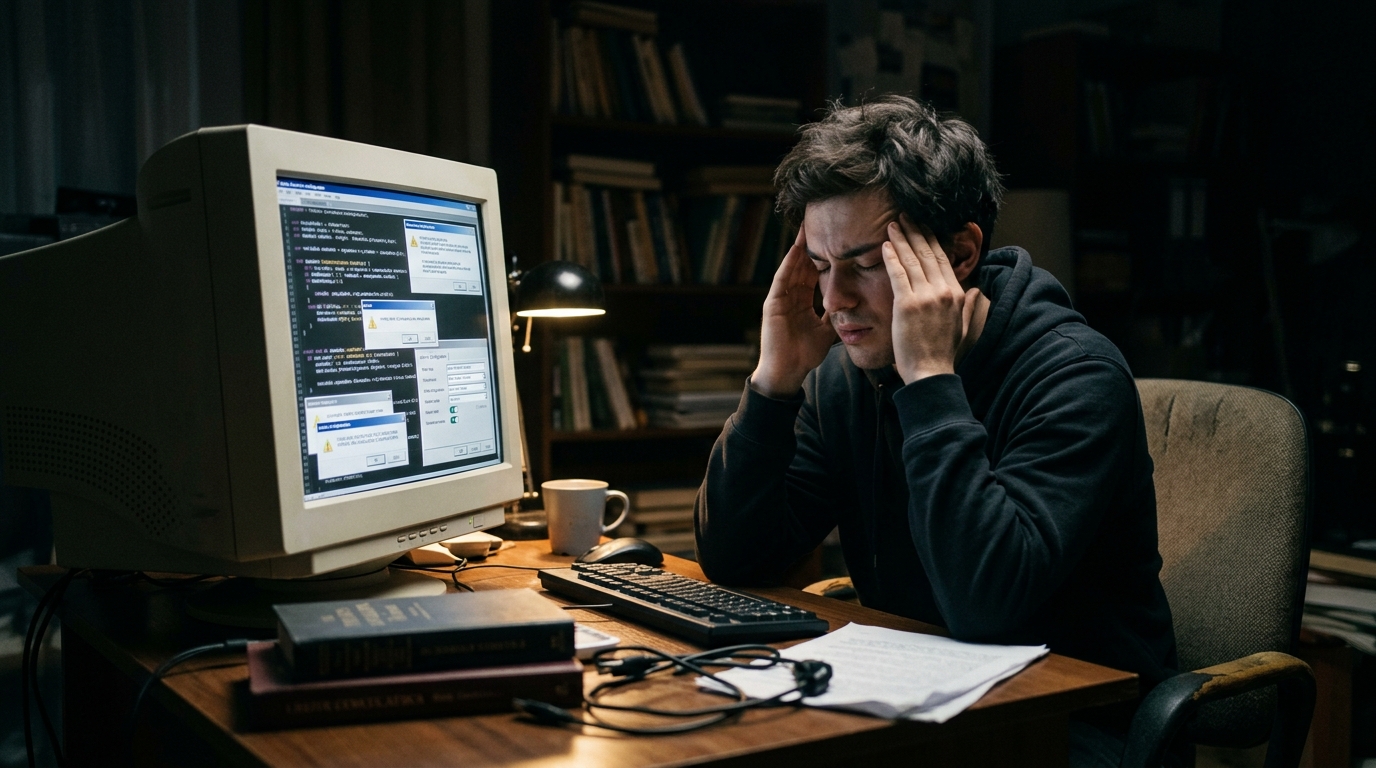 An exhausted student holding his head in front of a bulky desktop monitor filled with complex code settings