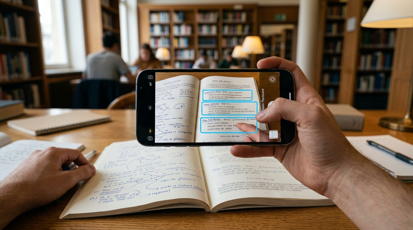 A first-person perspective taking a photo of a textbook with a smartphone, dragging glowing blue masking boxes over terms