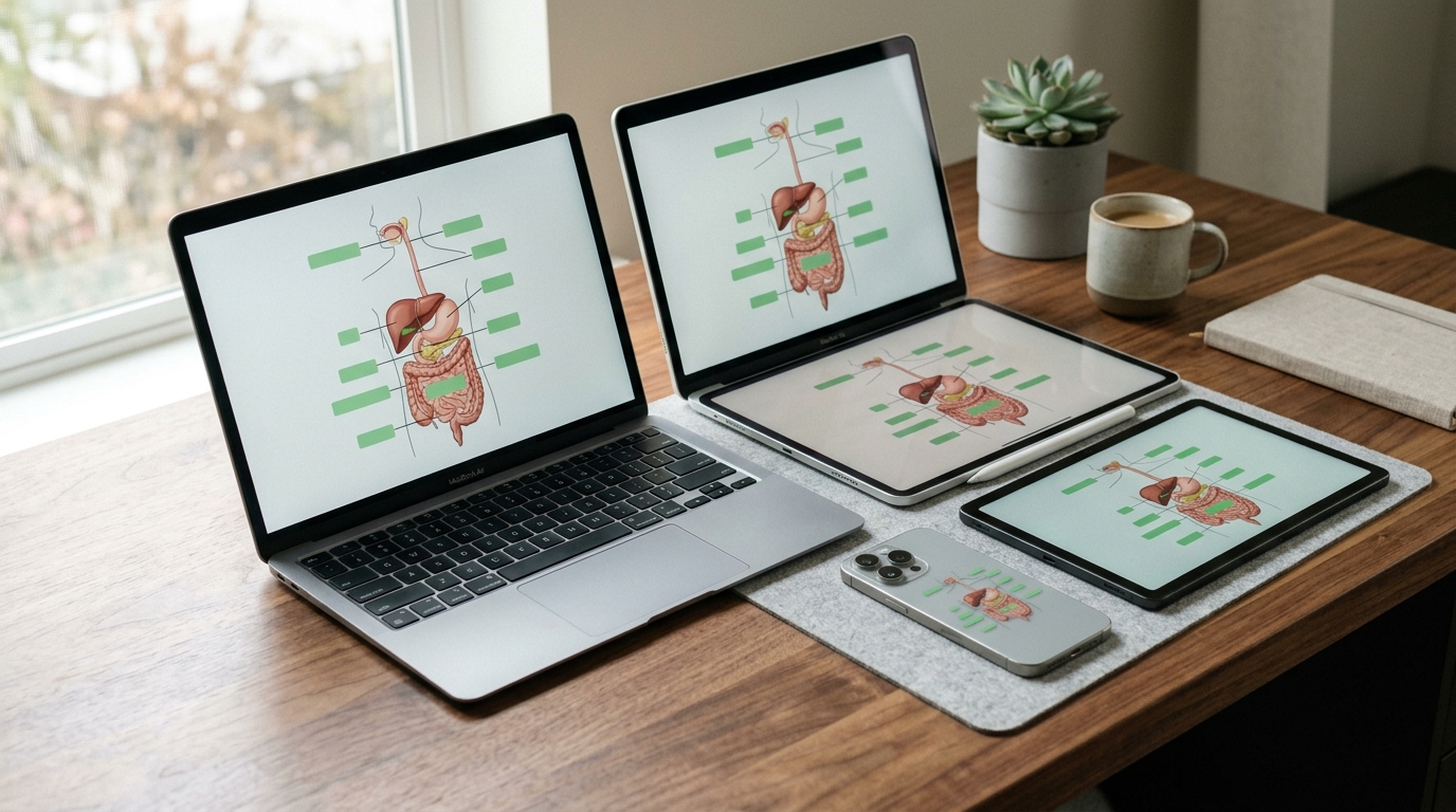 A laptop, iPad with stylus, iPhone, and Android tablet arranged cleanly on a desk displaying synchronized image flashcards