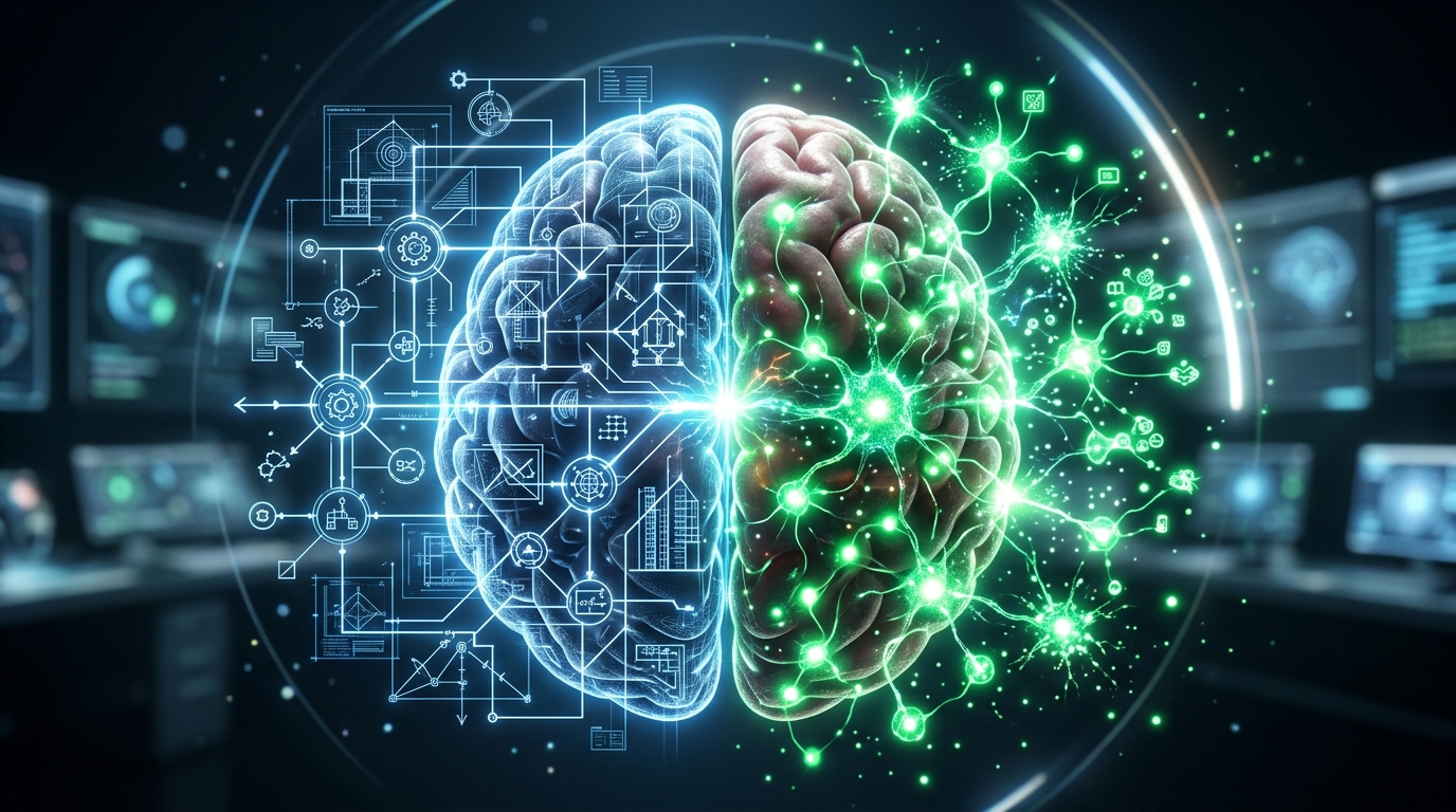 A conceptual diagram of dual coding theory with glowing left and right hemispheres of the human brain