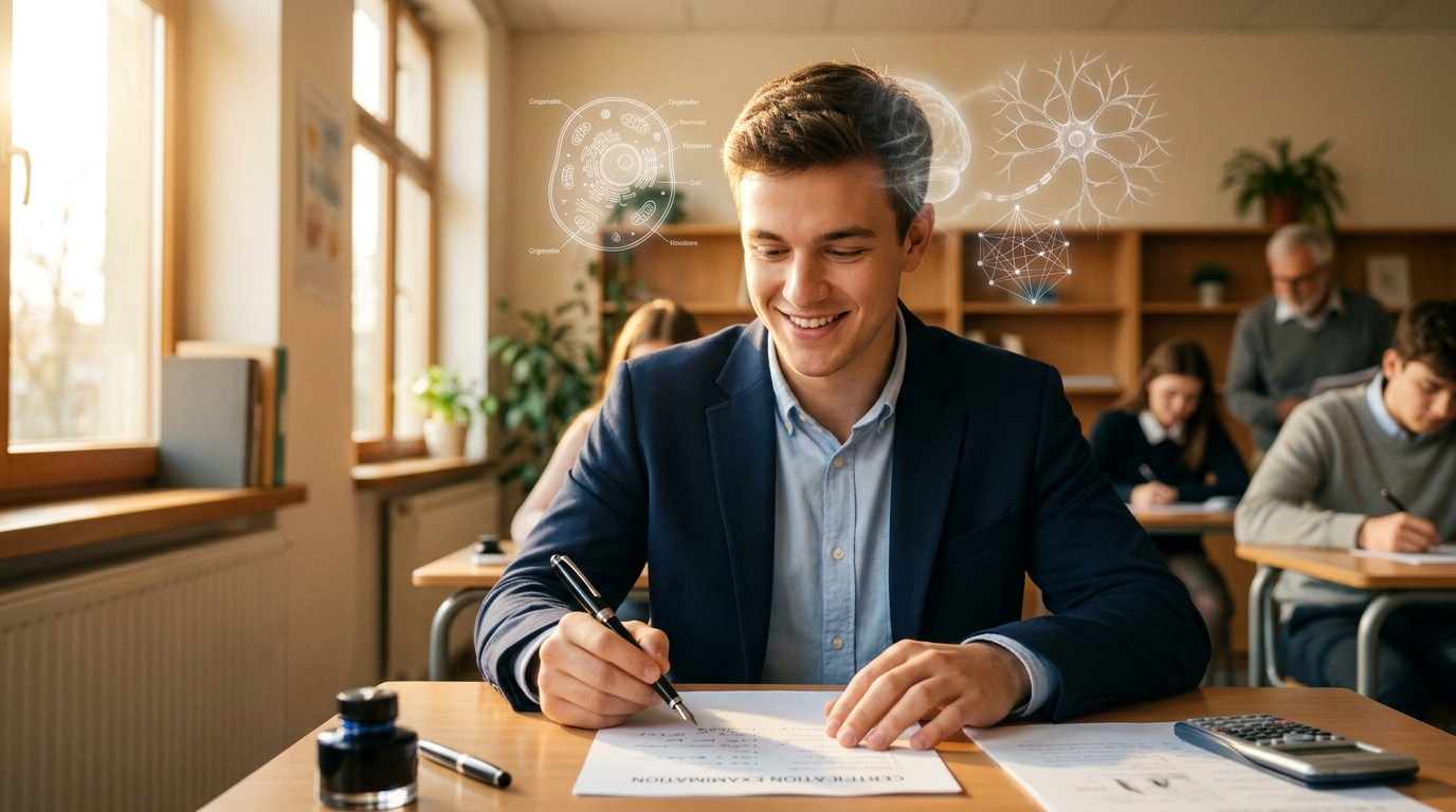 A confident student smiling while taking an important exam, recalling masked diagrams with total clarity