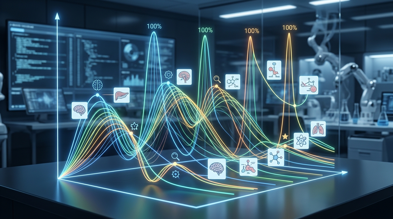 A futuristic laboratory with a glowing 3D graph showing memory retention curves rebounding to 100% with FSRS spaced repetition