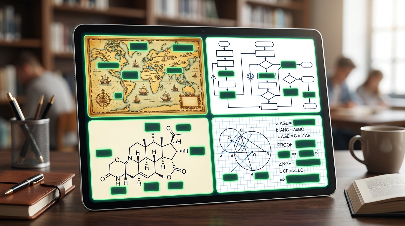A collage of study subjects including historical maps, legal relationship charts, organic chemistry molecules, and geometry graphs