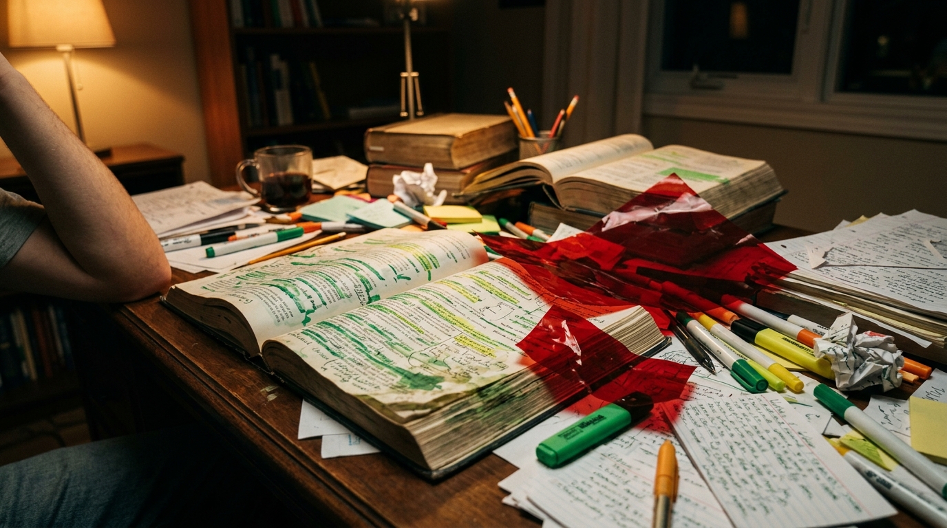 A frustrated student with heavy textbooks covered in messy green highlighter ink and loose red sheets