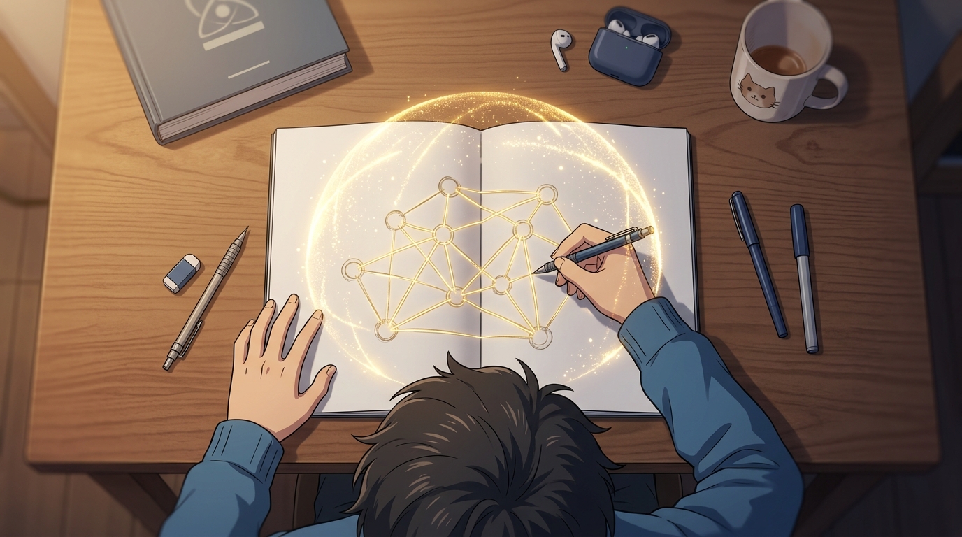 勉強終了直後に白紙ノートに重要概念をマッピングして記憶の干渉を防ぐ様子の真上視点イラスト