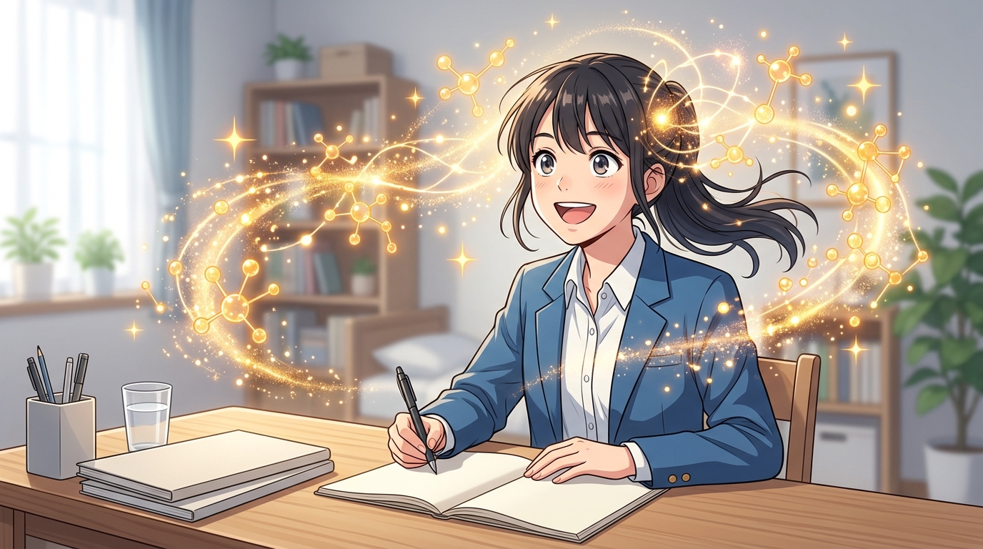 科目を切り替えることでドーパミンが分泌され脳の集中力と活力がリフレッシュされる様子を描いたイラスト