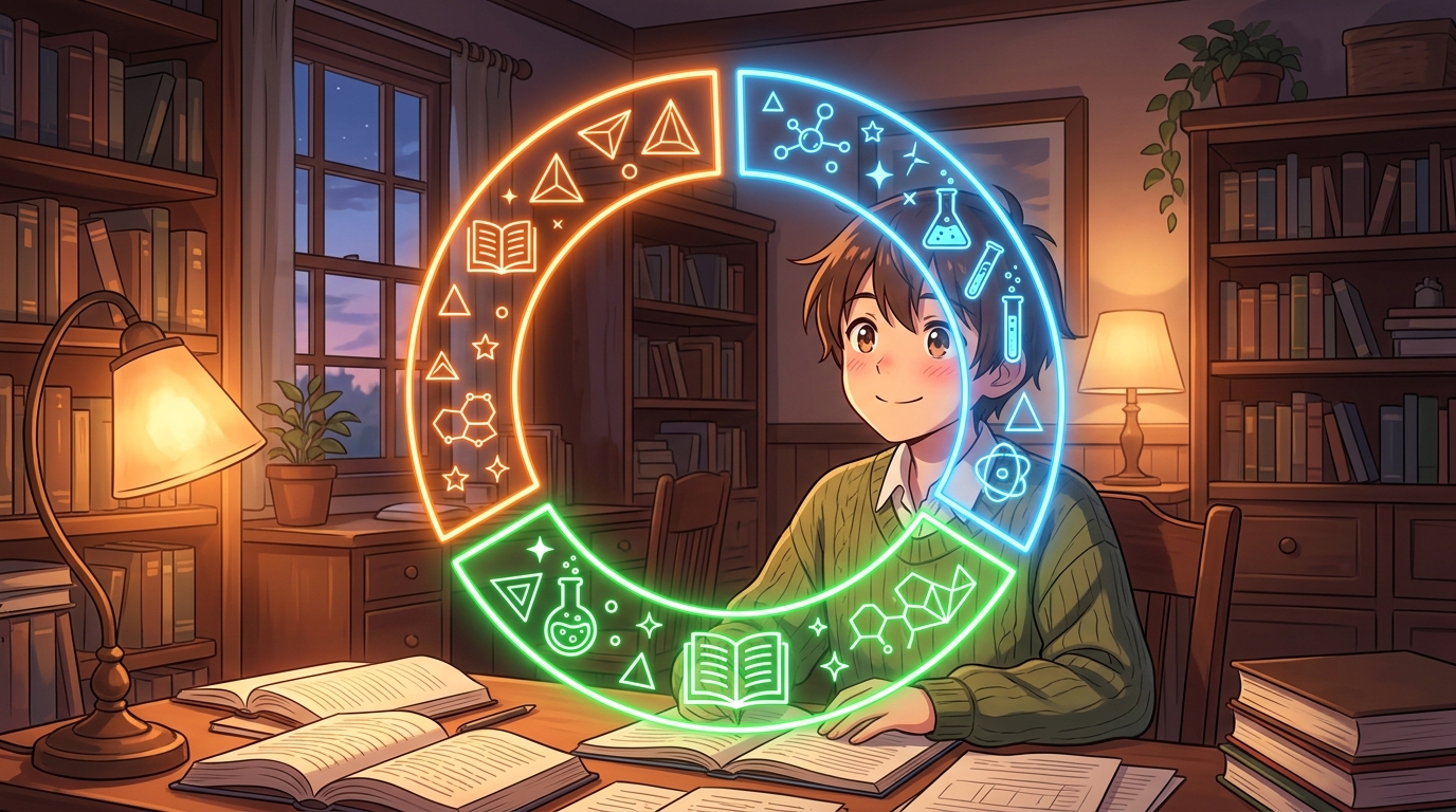 25分ごとのポモドーロサイクルで3科目をローテーションしながら学習するタイムスケジュール図解