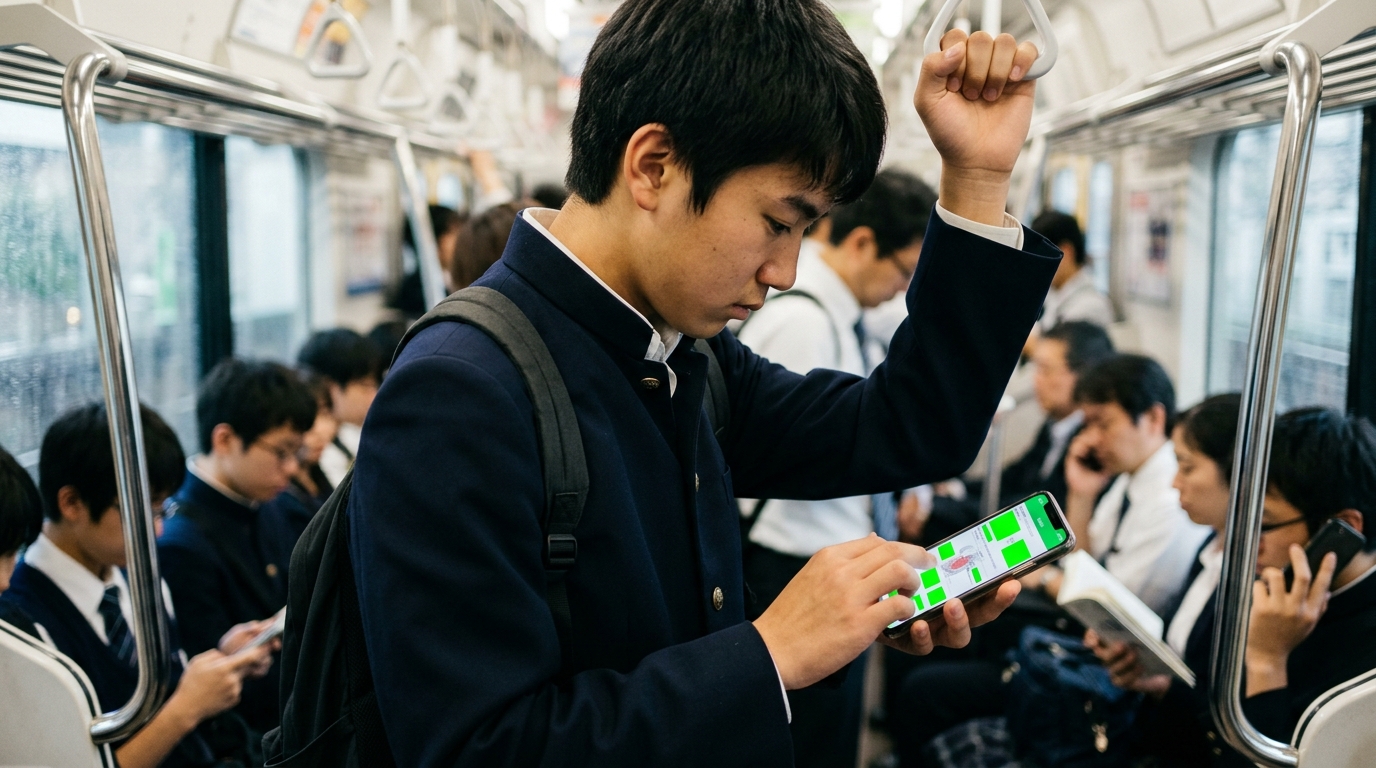 朝の通学電車内で吊り革を持ちながら片手親指だけでスマホのデジタル赤シートクイズをサクサク解く高校生