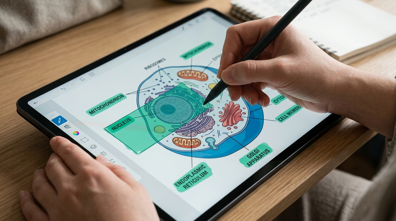 タブレット画面上でスタイラスペンや指先を使って教科書図表にエメラルドグリーンのデジタルマスクをドラッグ配置する様子