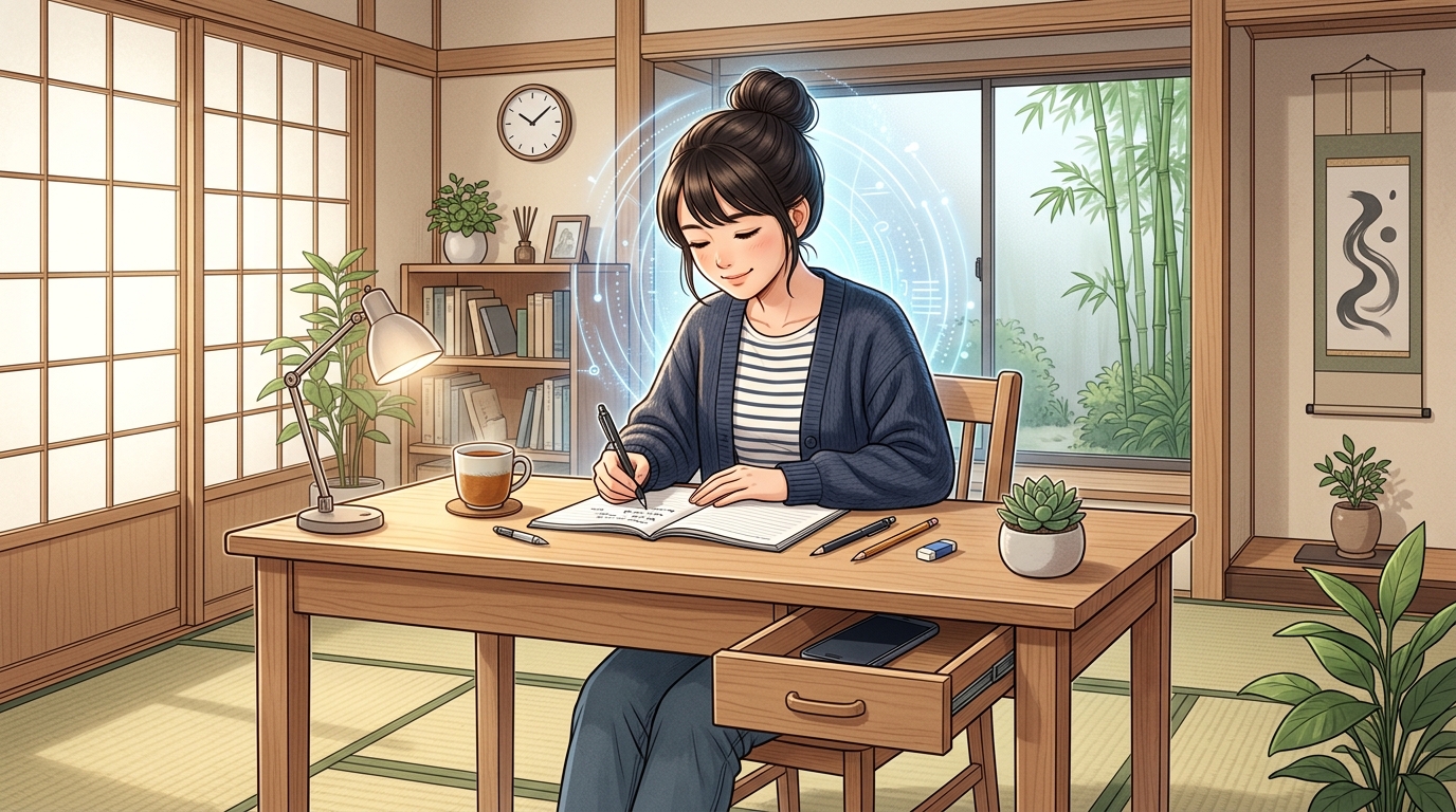 スマホの通知をオフにして引き出しにしまい深い集中状態で勉強する様子