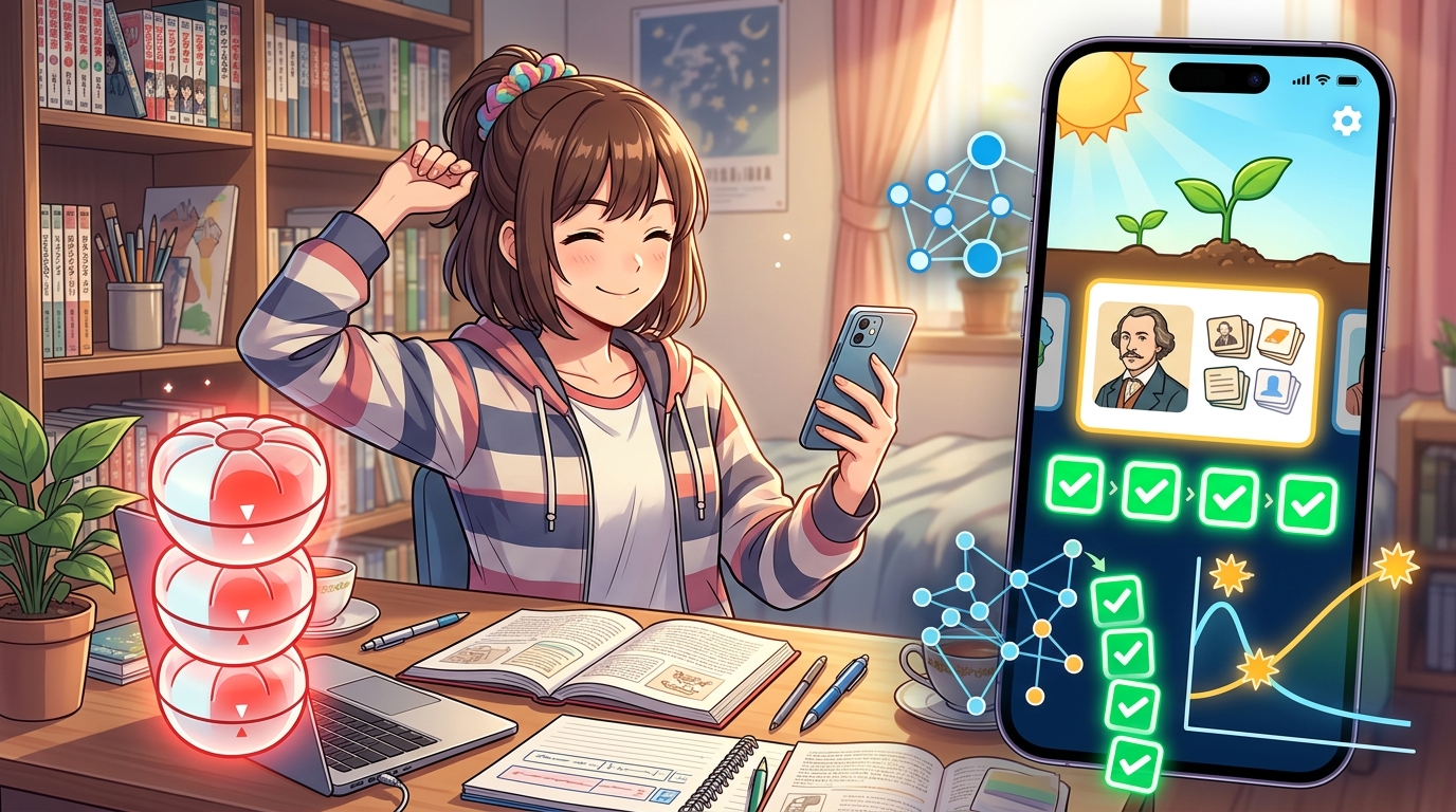 4セット完走後にPathMemoriaアプリでFSRS忘却曲線の最適復習を行う様子