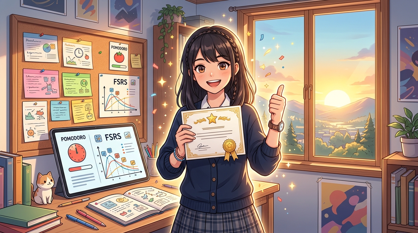ポモドーロ勉強法と分散想起を味方につけて試験合格を果たし喜ぶ学習者