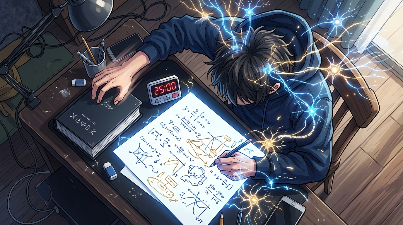 25分終了直後に教科書を閉じて白紙に思い出した知識を書き殴る様子