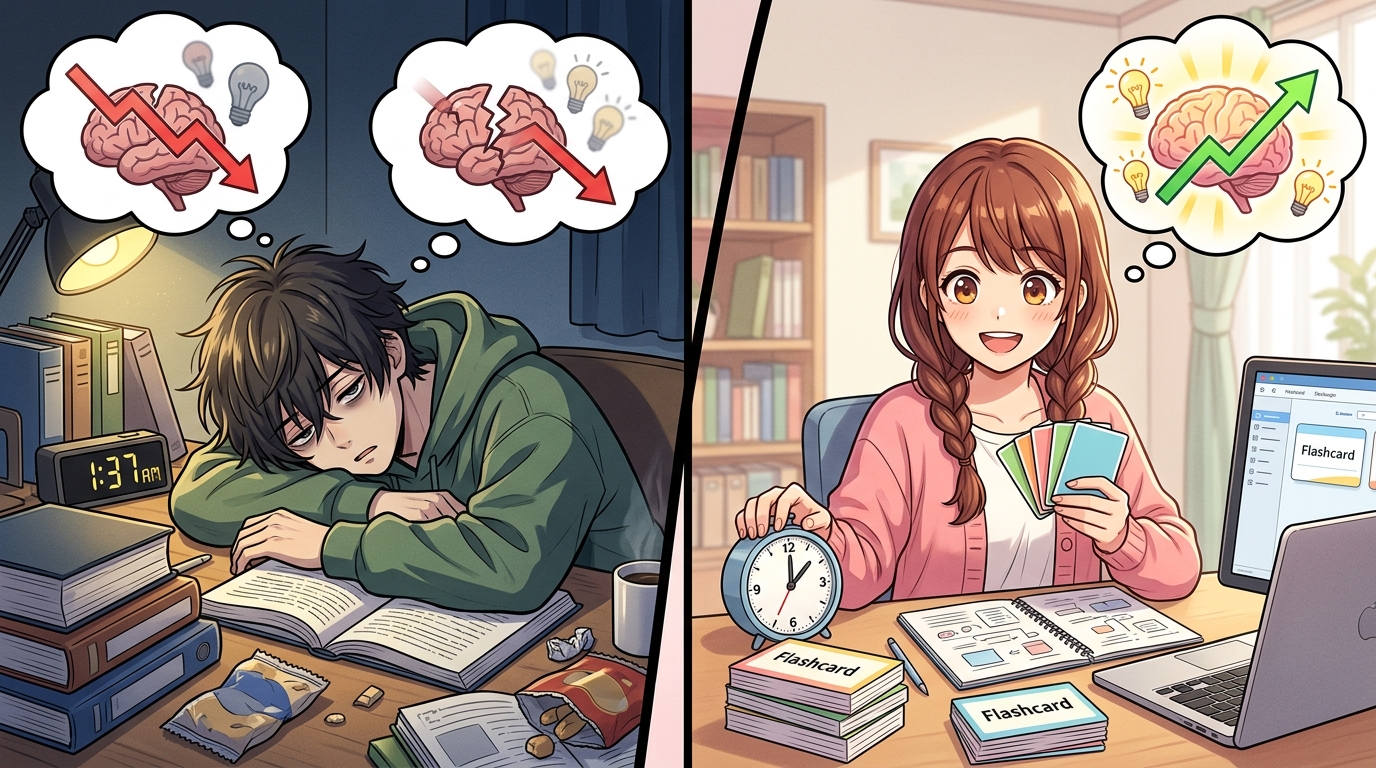 受動的な長時間の疲弊勉強とポモドーロ分散想起による高効率学習の比較