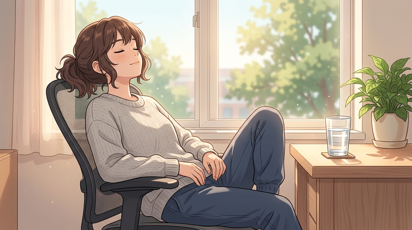 椅子にもたれて目を閉じ深呼吸と水分補給で脳を休める正しい休憩スタイル